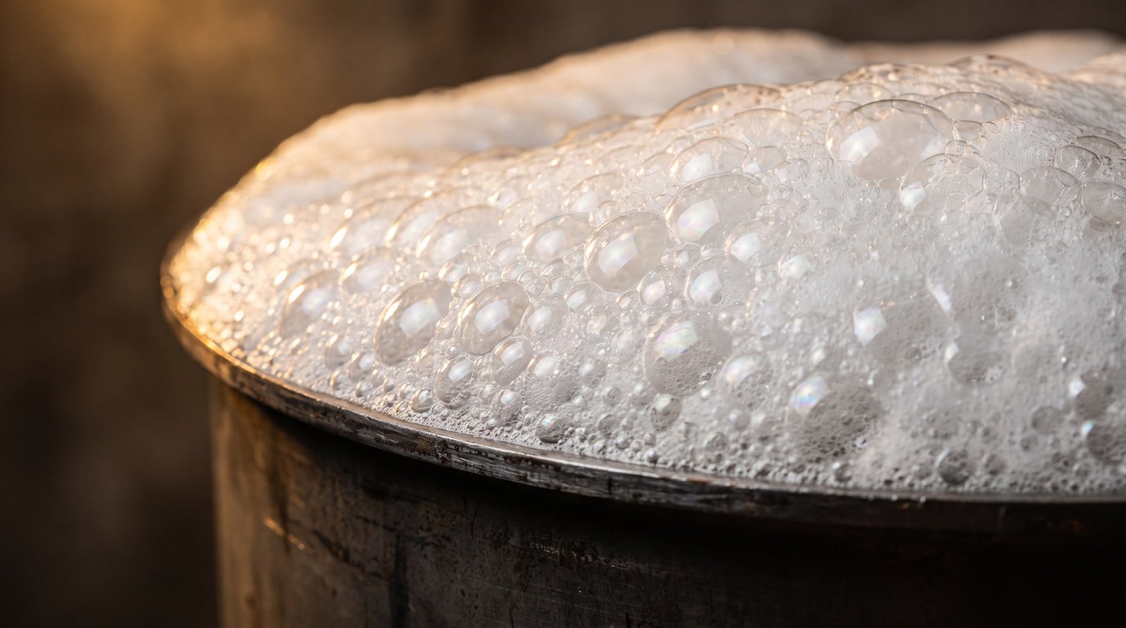 Dense white detergent foam over a steel vessel rim